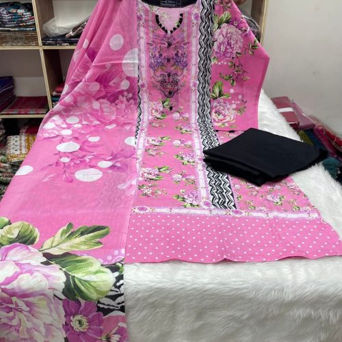 Floral Printed Three Piece - Premium Floral Printed Three Piece – Stunning Soft Cotton Unstitched Dress