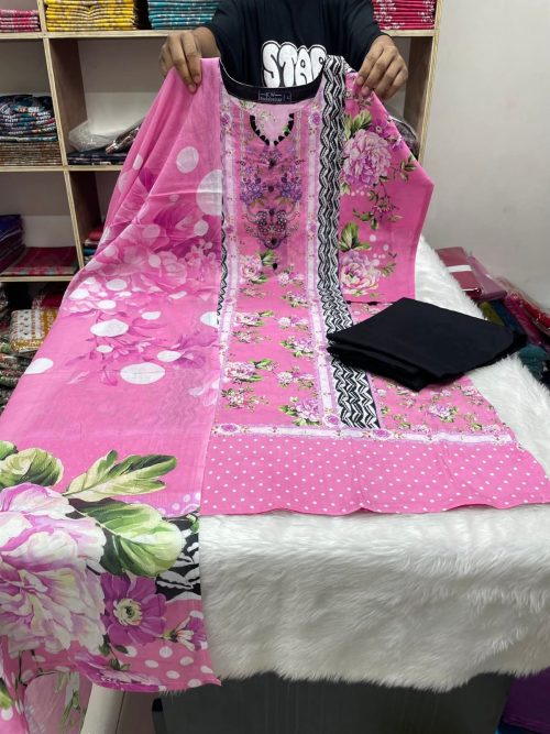 Premium Floral Printed Unstitched Three Piece Dress for Women - Pink & Mint Green
