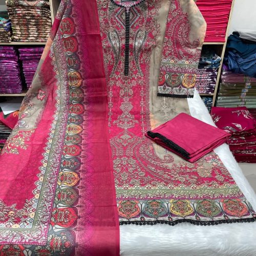 Premium Printed Three Piece Dress Pink Beige