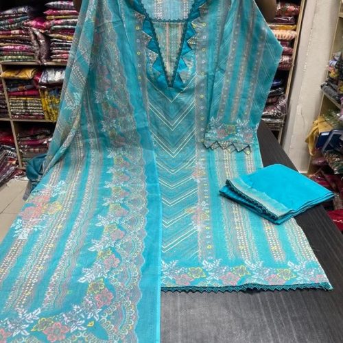 Elegant Premium Swiss Cotton Stitched Three Piece Dress for Women Sky Blue Color