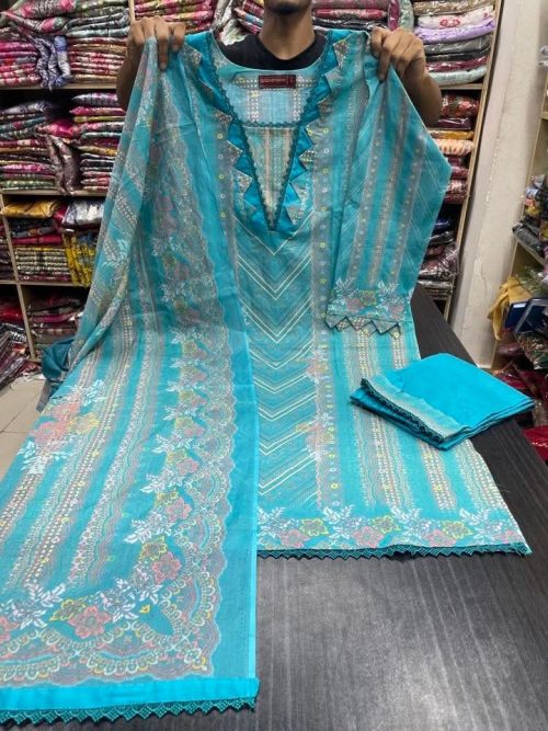 Elegant Premium Swiss Cotton Stitched Three Piece Dress for Women Sky Blue Color