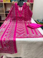Elegant Premium Swiss Cotton Stitched Three Piece Dress for Women Pink Color
