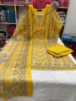 Elegant Premium Swiss Cotton Stitched Three Piece Dress for Women Yellow Color