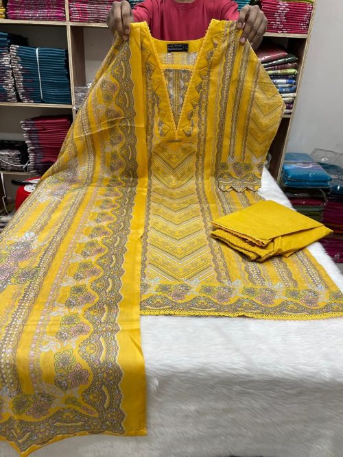 Elegant Premium Swiss Cotton Stitched Three Piece Dress for Women Yellow Color