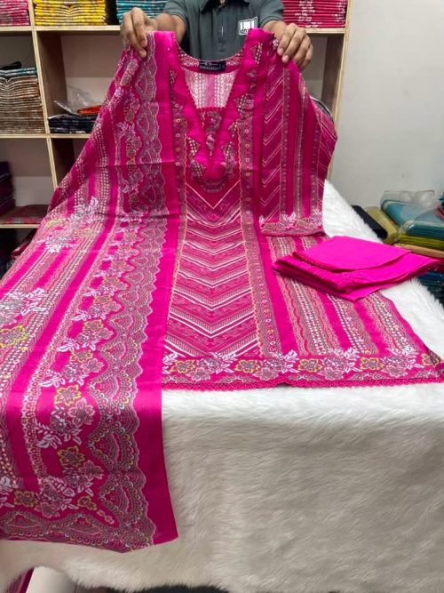 Elegant Premium Swiss Cotton Stitched Three Piece Dress for Women Pink Color