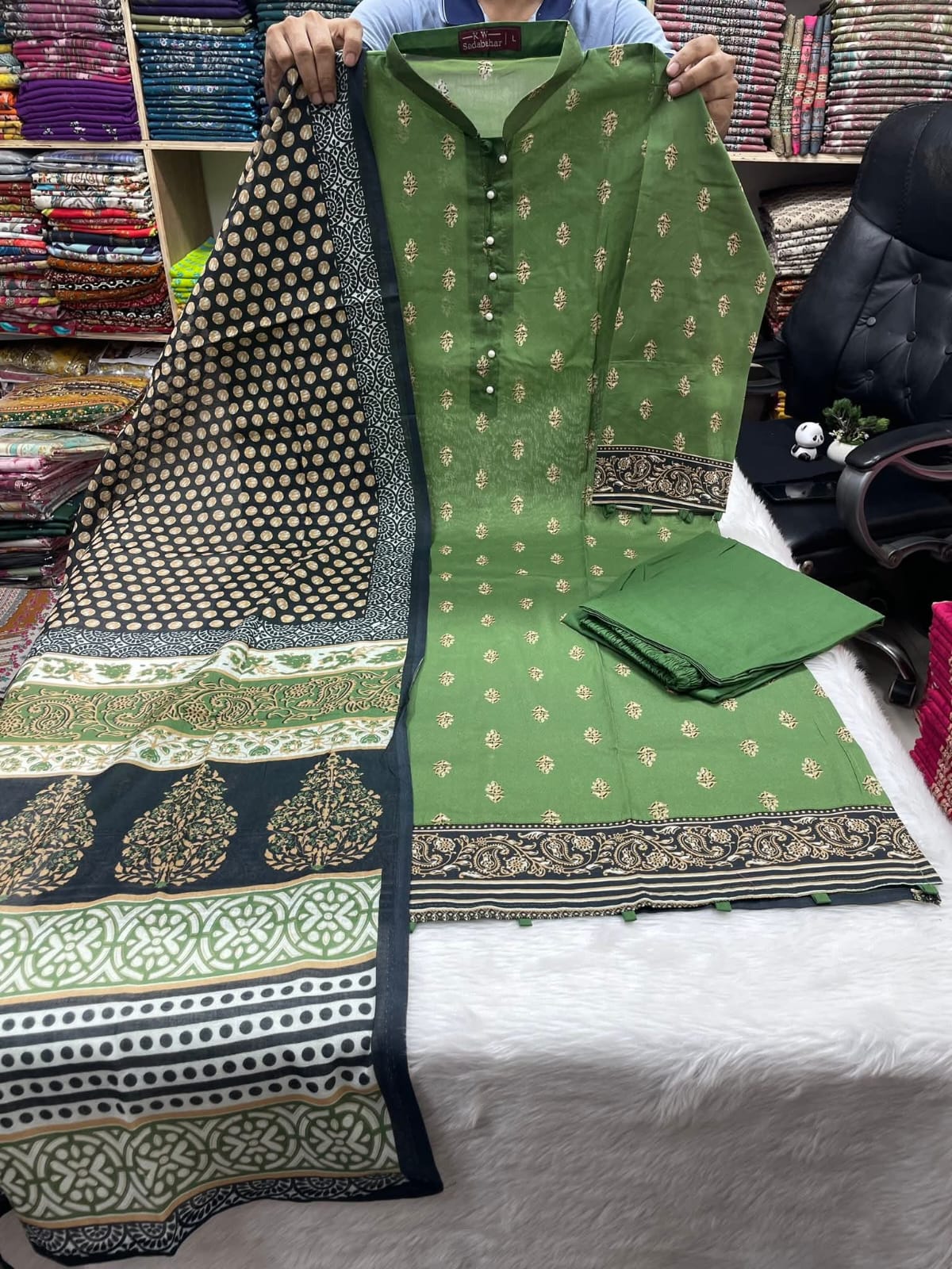 Green Swiss Cotton Stitched Three Piece for Women
