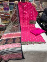 Pink Swiss Cotton Stitched Three Piece