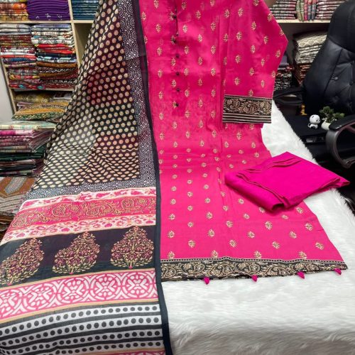Pink Swiss Cotton Stitched Three Piece
