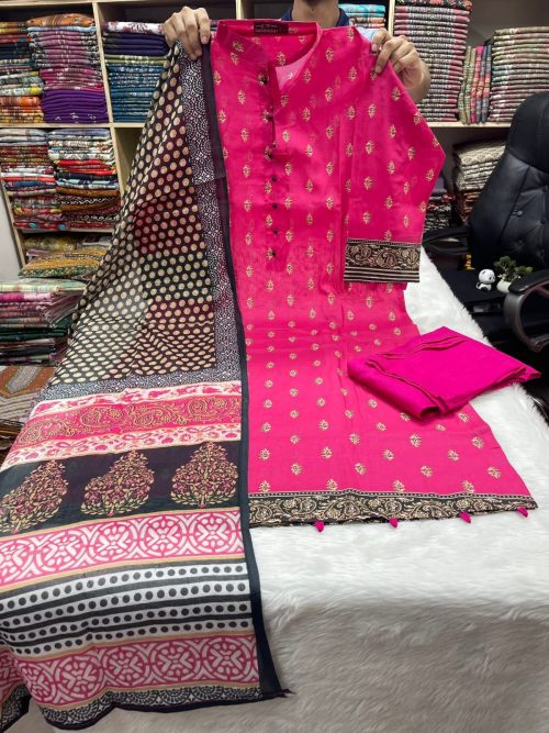 Pink Swiss Cotton Stitched Three Piece