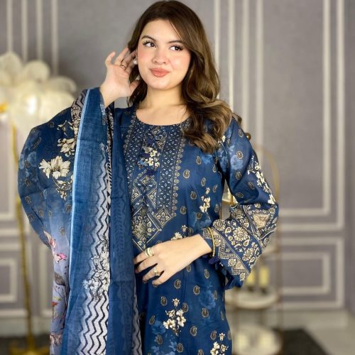Jom Jom Swiss Cotton Stitched Three Piece - Jom Jom Swiss Cotton Stitched Three Piece – Navy Blue Floral Premium Collection (Gallery View 1)