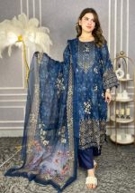 Jom Jom Swiss Cotton Stitched Three Piece Navy Blue Floral Print