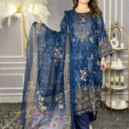 Jom Jom Swiss Cotton Stitched Three Piece Navy Blue Floral Print