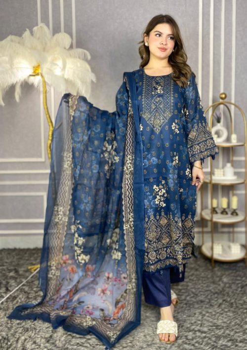 Jom Jom Swiss Cotton Stitched Three Piece Navy Blue Floral Print