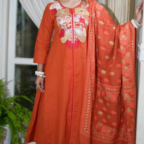 Orange Embroidered Cotton Three Piece Dress for Women