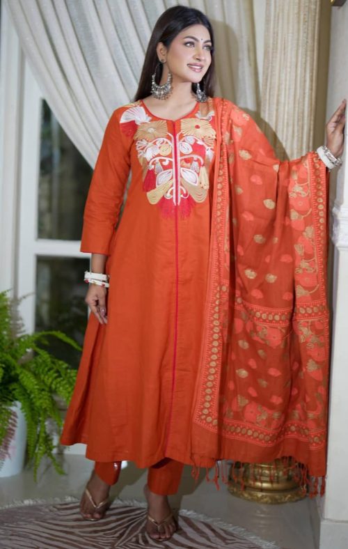 Orange Embroidered Cotton Three Piece Dress for Women