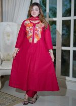 Luxury Embroidered Cotton Three Piece Dress for Women Red Color