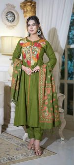 Olive Green Embroidered Cotton Three Piece Dress for Women
