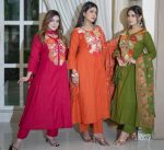 Luxury Embroidered Cotton Three Piece Dress Available in Red Orange and Olive Green