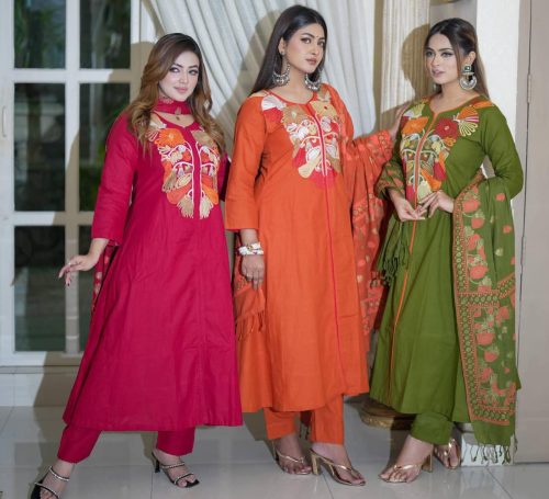 Luxury Embroidered Cotton Three Piece Dress Available in Red Orange and Olive Green