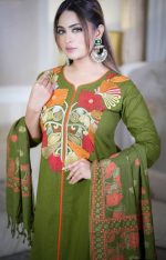 Close Up of Olive Green Embroidered Cotton Three Piece Dress