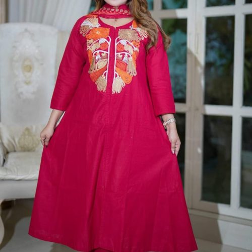 Luxury Embroidered Cotton Three Piece Dress for Women Red Color