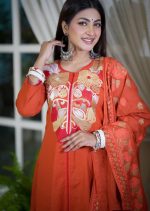 Close Up of Orange Embroidered Cotton Three Piece Dress