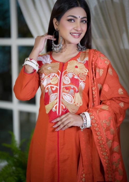 Close Up of Orange Embroidered Cotton Three Piece Dress