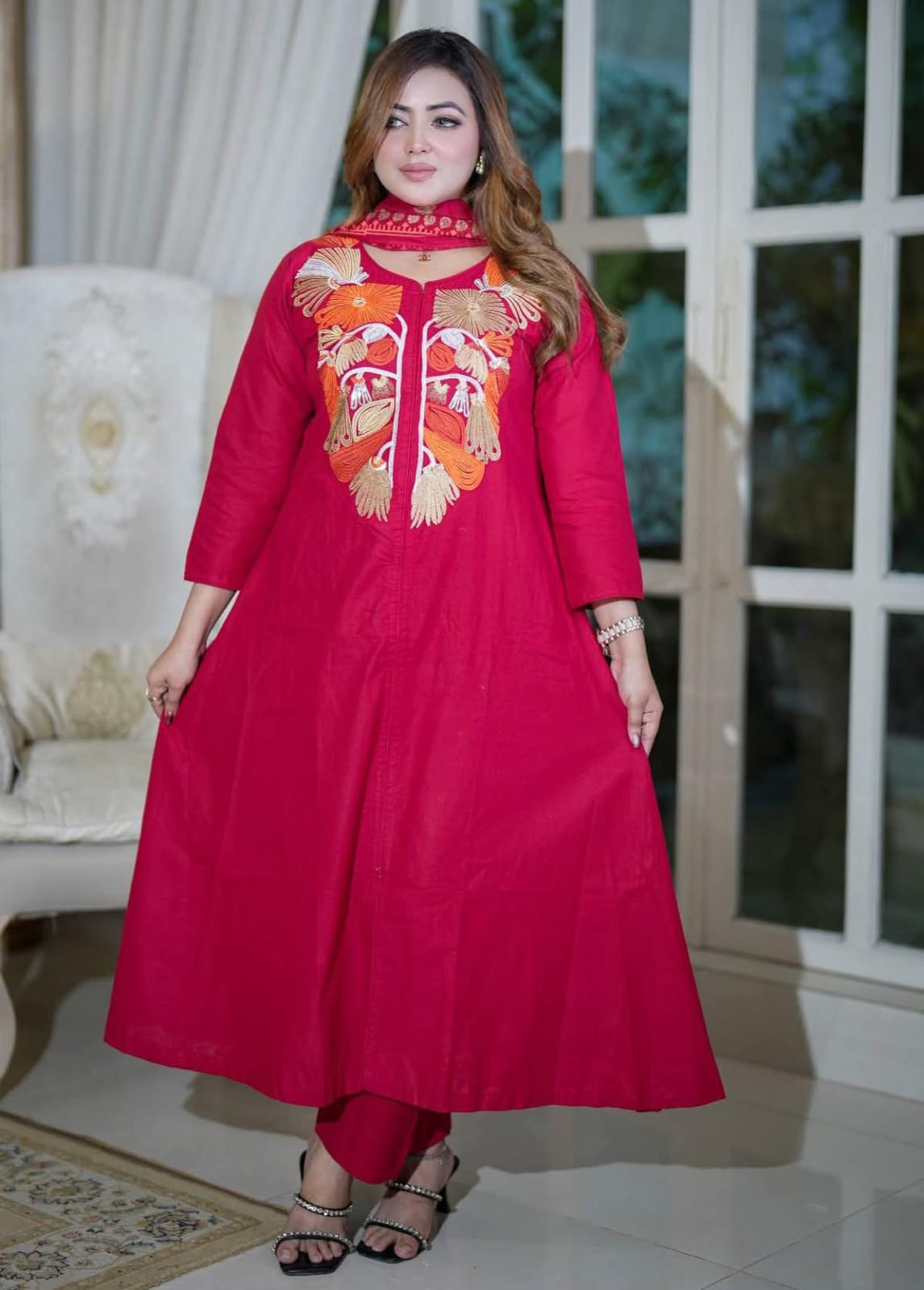 p6 Luxury Embroidered Cotton Three Piece Dress for Women Red Color