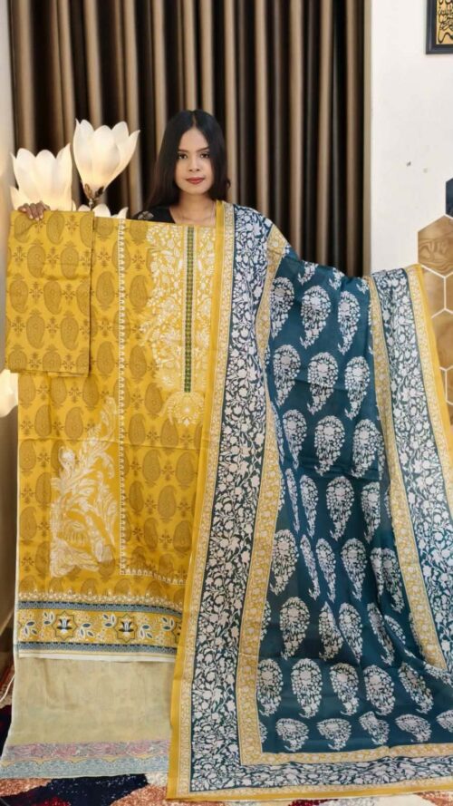 Pakistani a grade jom jom swiss loan cotton unstitched three pice