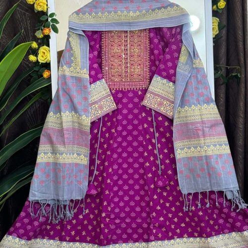 Premium Embroidery Work Blog Printed Cotton Stitched Two Piece Grown For Women - Premium embroidery work blog Printed Cotton Stitched two Piece grown for Women