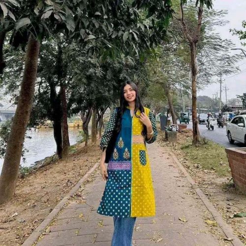 Ladies Cotton Block Print Kurti Embroidery Work Yellow Blue Color - Ladies Cotton Block Print Kurti Embroidery Work Yellow Blue Color