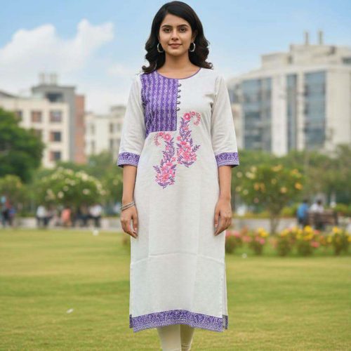 Cotton Kurti Block Print White Blue Embroidery Work Trending Collection - Cotton Kurti Block Print White Blue Embroidery Work Trending Collection