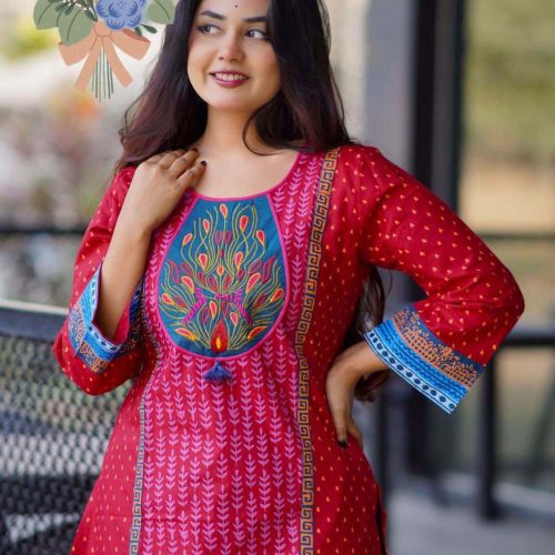 Cotton Kurti Block Print Red Tori Blue Embroidery Work