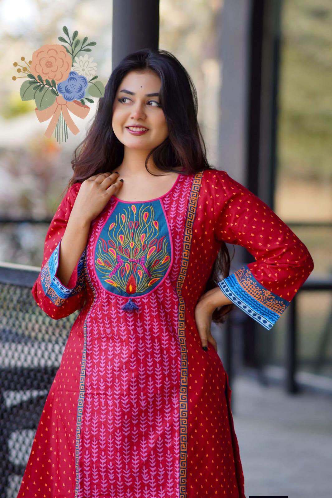 784816856_1069069735505688_7230125019181915443_n Cotton blog print red tori blue embroidery work trending 1 pcs Kurti Collection - Image 1