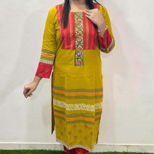 Cotton Kurti Block Print Yellow Embroidery Work - Cotton Kurti Block Print Yellow Embroidery Work for Stylish Ladies