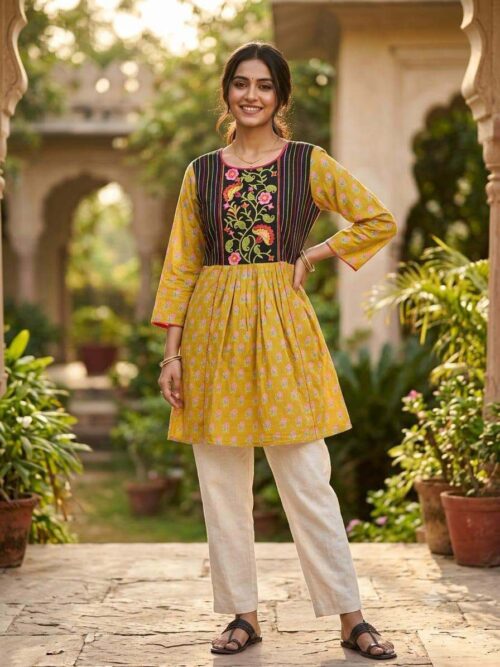 arong Cotton blog print embroidery work trending Kurti Collection