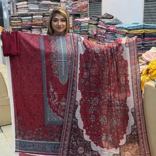 Jom Jom Swiss Loan Cotton Maroon Ash Unstitched Three Pice - jom jom swiss loan cotton maroon ash unstitched three pice