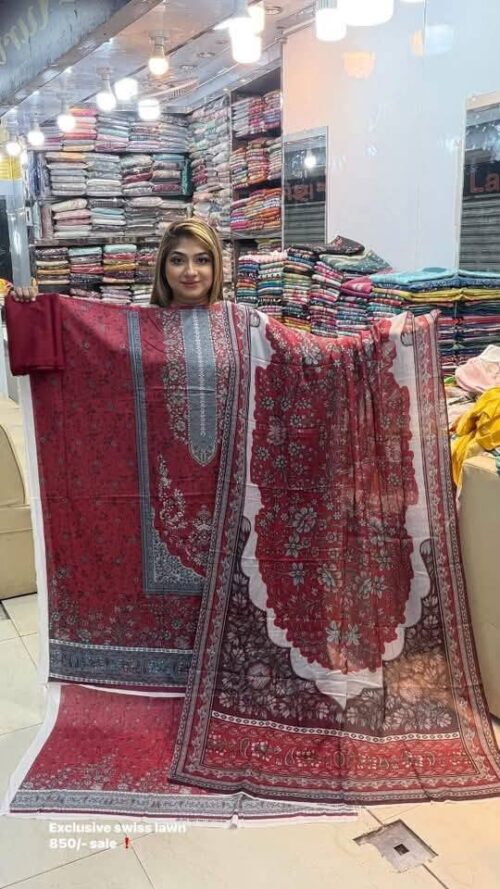 jom jom swiss loan cotton maroon ash unstitched three pice