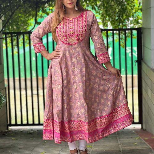 New Onion Pink Embroidery Work Anarkali Grown Kurti 2pcs For Women & Girls - New onion pink embroidery work Anarkali grown kurti 2pcs for Women & Girls