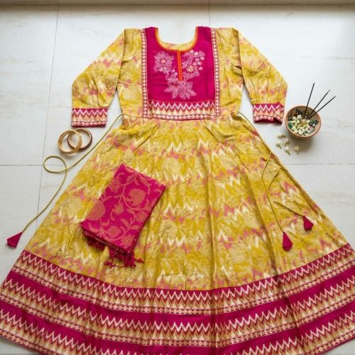 Embroidery Work Block Printed Cotton Two Piece Grown Anarkoli For Women - embroidery work block Printed Cotton two Piece grown anarkoli for Women