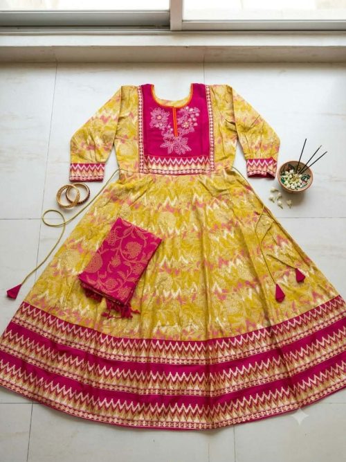 embroidery work block Printed Cotton two Piece grown anarkoli for Women