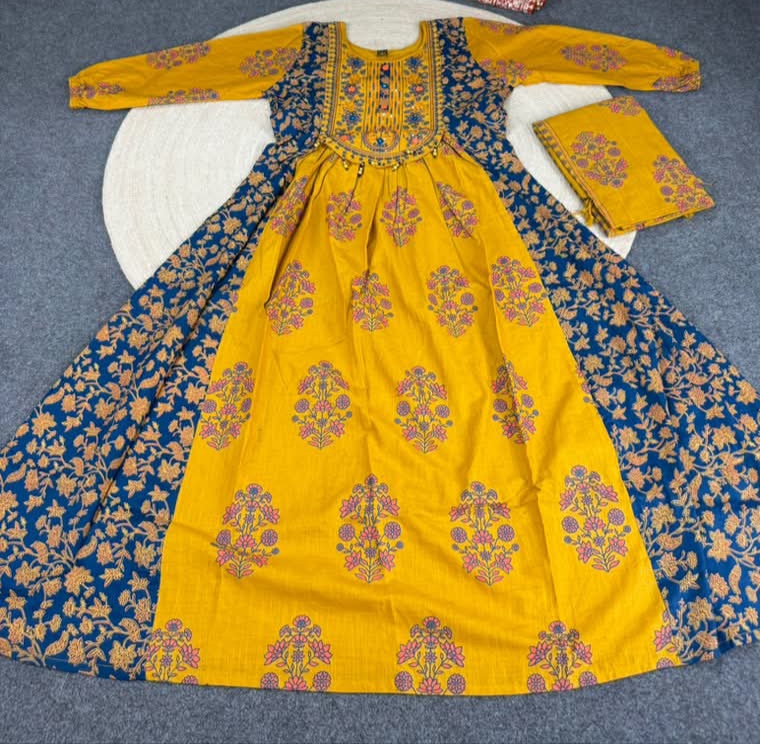 WhatsApp Image 2026-10-26 at 11.29.49 PM Embroidery work block Printed yellow blue Cotton two Piece grown anarkoli for Women - Image 1