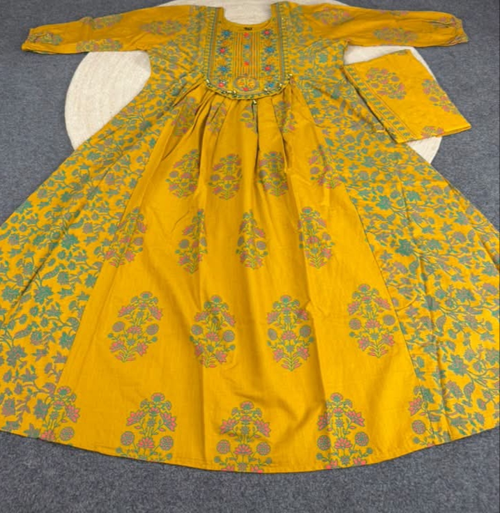 WhatsApp Image 2026-10-26 at 11.29.51 PM (1) Embroidery work block Print yellow Cotton two Piece grown anarkoli for Women - Image 1